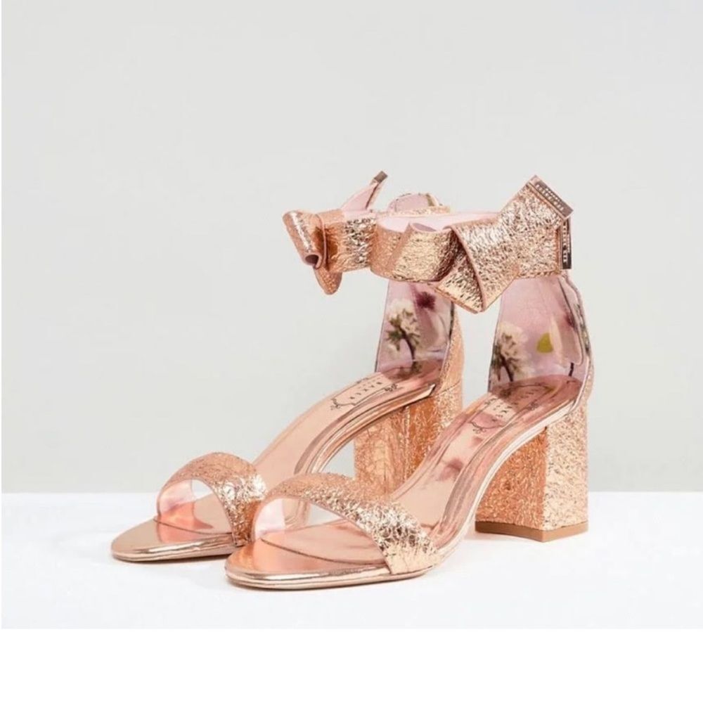 Ted Baker Kerria Leather Block Heel Sandals Open Toe Ankle Strap Heels Rose Gold